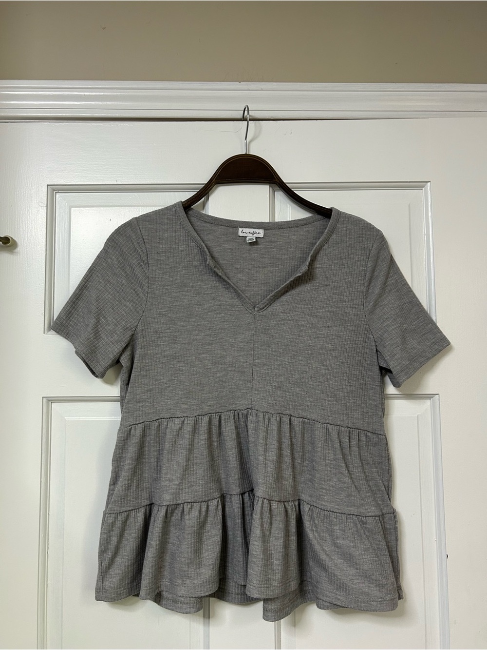 Casual Gray Ribbed Tiered V-Neck Tunic